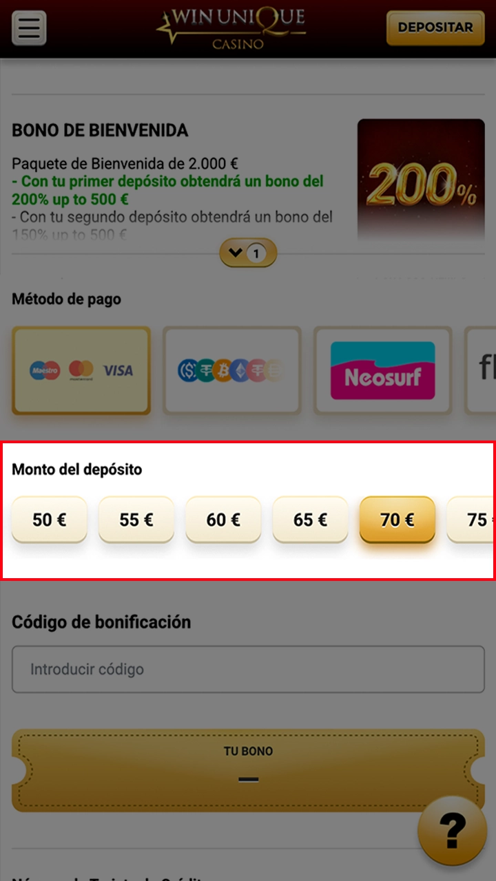 Inserite l'importo del vostro deposito al WinUnique Casino.