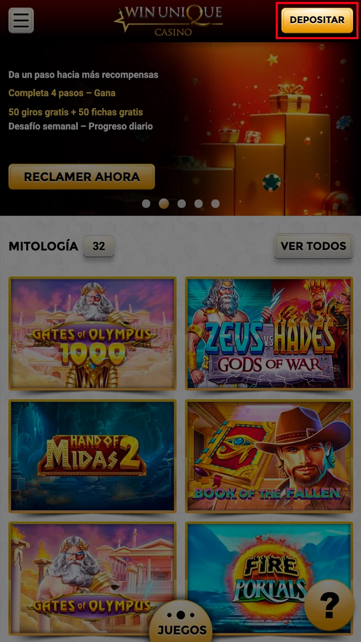 Andare al pulsante di deposito sulla pagina del WinUnique Casino.