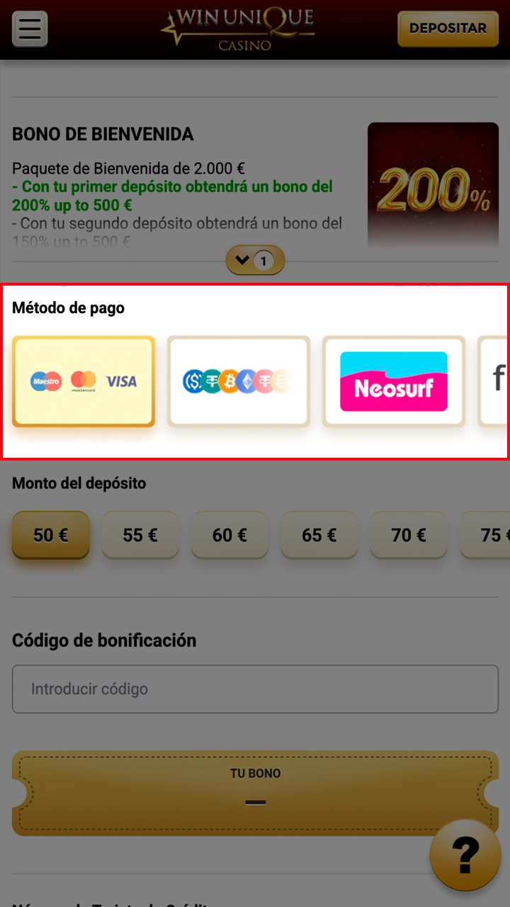 Scegliete il metodo di deposito giusto per il vostro conto al WinUnique Casino.