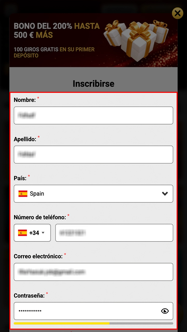 Rellena la información requerida para registrarte en Casino WinUnique.