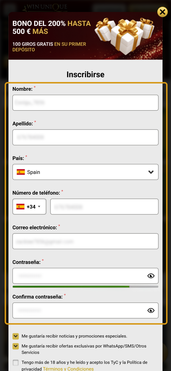 Complete todos los campos del formulario de registro en Casino WinUnique.